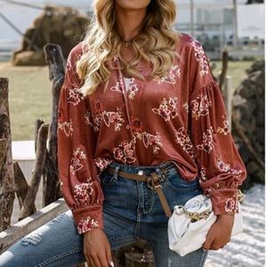 NWT ZARA VELOUR BUTTON DOWN SANDE BLOUSE FLORAL TOP M